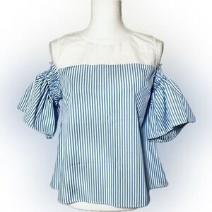 NWT AfterMarket Cold Shoulder Stripe Blouse Ruffled Sleeves Women Small‎ Cotton